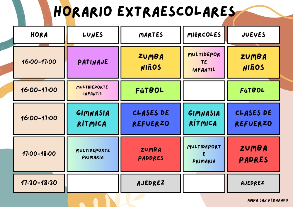 Horario actividades extraescolares