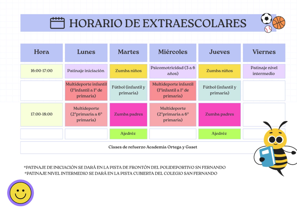 Horario actividades extraescolares curso 2025/26